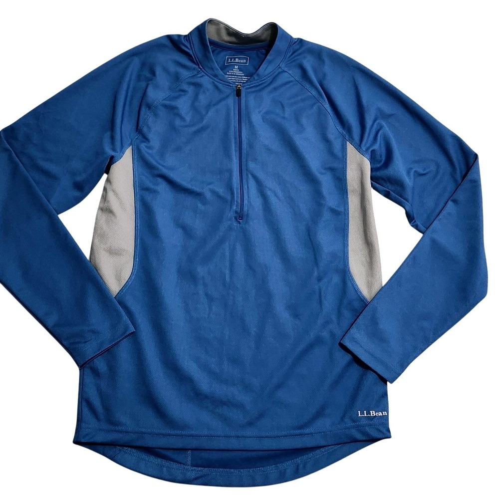 LL Bean 1/4 Zip Mens Medium Blue Colorblock Back Pocket Hiking Outdoors USA